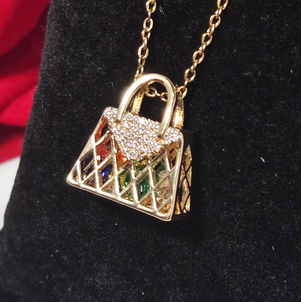 Gold Handbag Necklace Rhinestone Purse Pendant Cute Bling Fashion Jewelry Gift - Picture 4 of 10